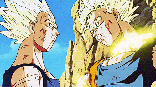 a cartoon of a man with white hair standing next to another man with blue hair