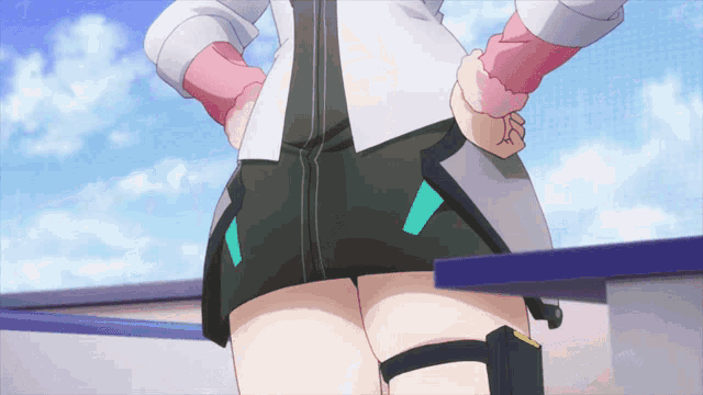 a girl in a short skirt with a green stripe on the back