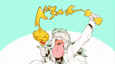 a cartoon drawing of a man holding a trophy with a yellow flame pouring out of his mouth