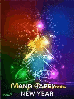 a colorful christmas tree with the words " mand happymas new year " at the bottom