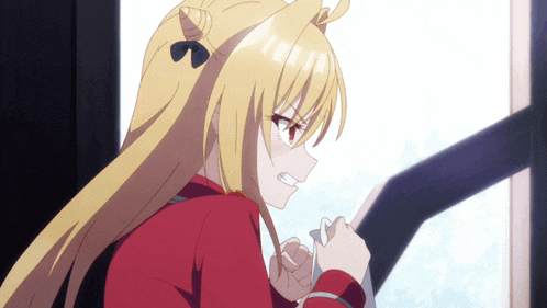 a girl with blonde hair and a red jacket has a ponytail