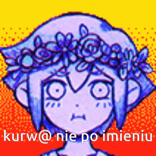 a pixel art of a girl with a flower crown on her head and the words kurw @ nie po imieniu