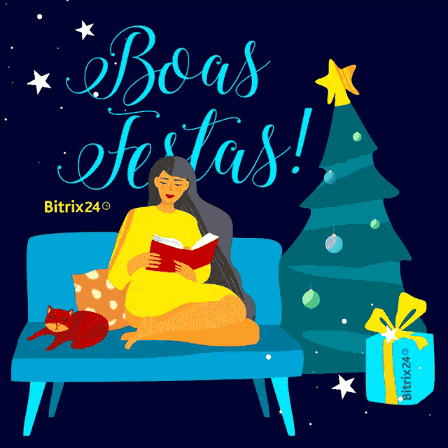 a woman sits on a couch reading a book next to a christmas tree and a gift box that says bitrix24 on it