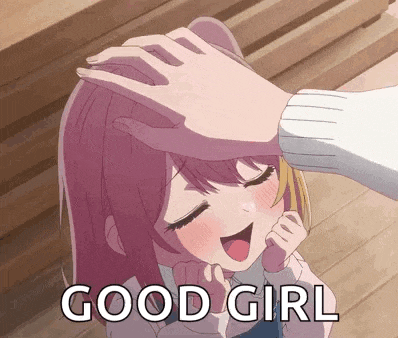 a person petting a girl 's head with the words `` good girl '' written on it
