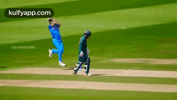 a cricket player is catching a ball while another player runs towards him .