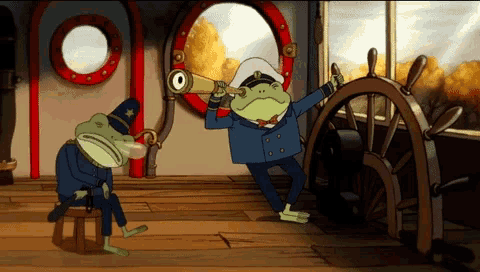 a frog is looking through a telescope while another frog looks at the steering wheel