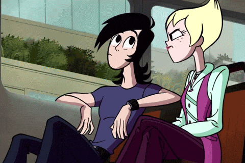 two cartoon characters are sitting next to each other on a bench