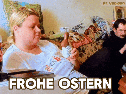 a woman sits on a couch holding an easter egg with the words frohe ostern written on the bottom