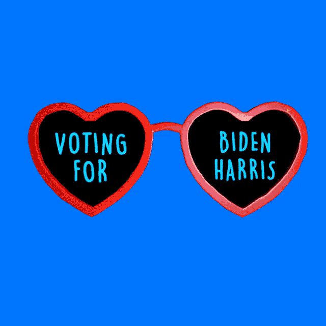 a pair of heart shaped sunglasses saying voting for biden harris on a blue background