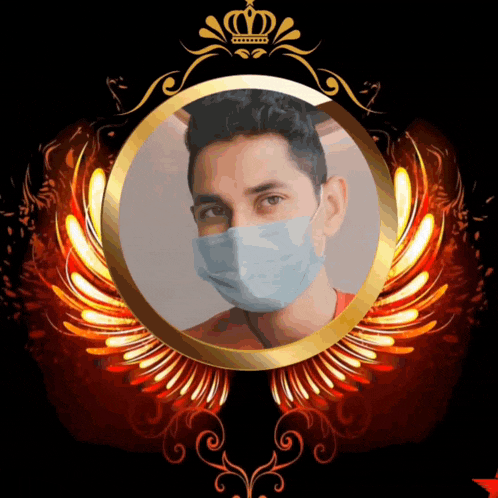 a man wearing a face mask is in a gold frame with wings