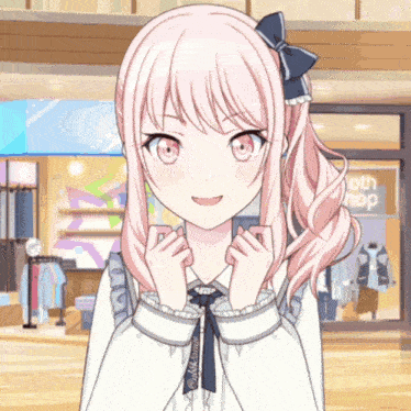 a girl with pink hair is standing in front of a store that says clothes shop