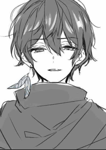 a black and white drawing of a boy with a feather on his neck
