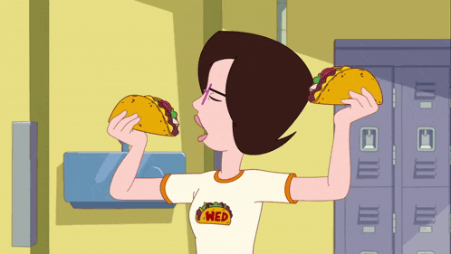 a cartoon girl wearing a shirt that says " med " is eating two tacos