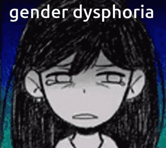 a black and white drawing of a girl with a sad face and the words `` gender dysphoria '' above her .