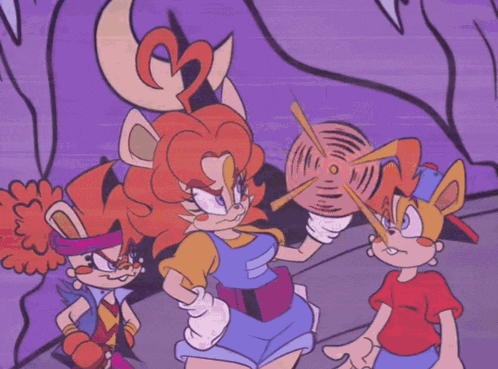 a group of cartoon characters are standing next to each other with one holding a fan