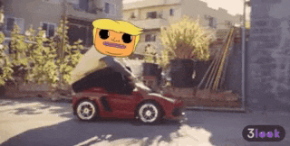 a cartoon character is driving a red toy car with 3look written on the bottom right