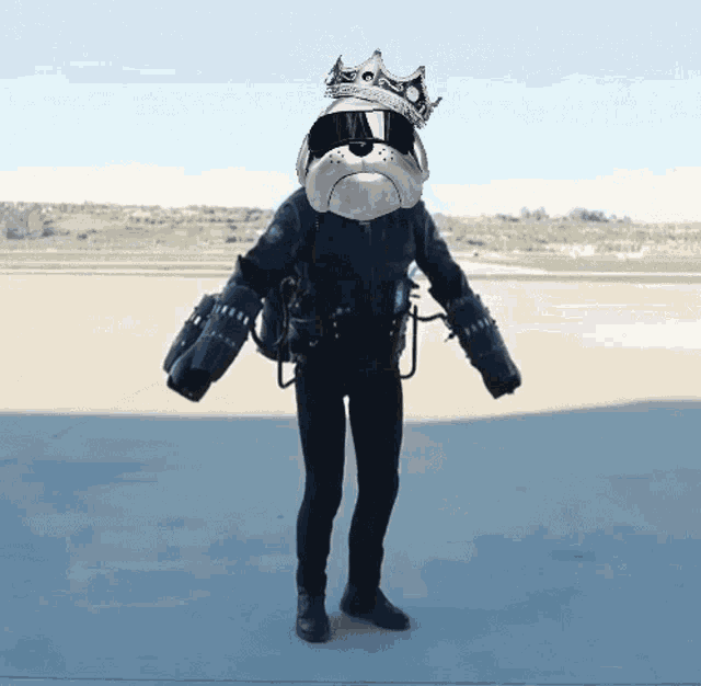 a man with a bulldog head and a crown on it