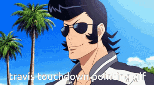 travis touchdown pointing gif is displayed on a screen