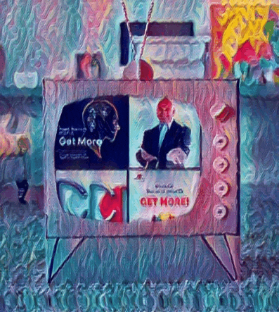 a colorful painting of a television with the words get more on the screen