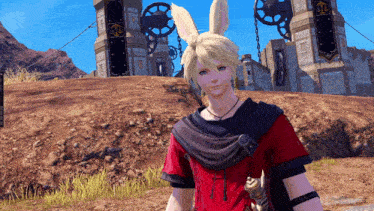 a man with bunny ears is standing in front of a building