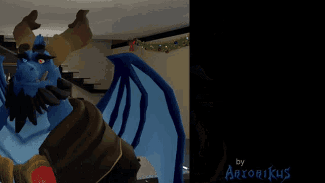 a cartoon of a blue dragon with the words aahhh on the bottom right
