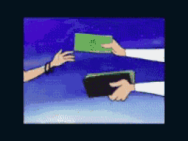 a cartoon of a person handing another person a wallet full of money