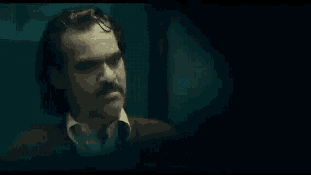 a man with a mustache and long hair is standing in a dark room and looking at the camera .