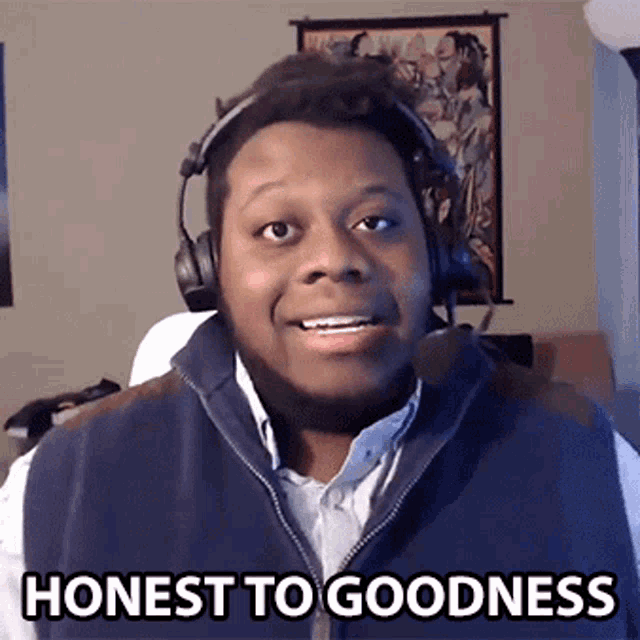 a man wearing headphones has the words honest to goodness on his chest
