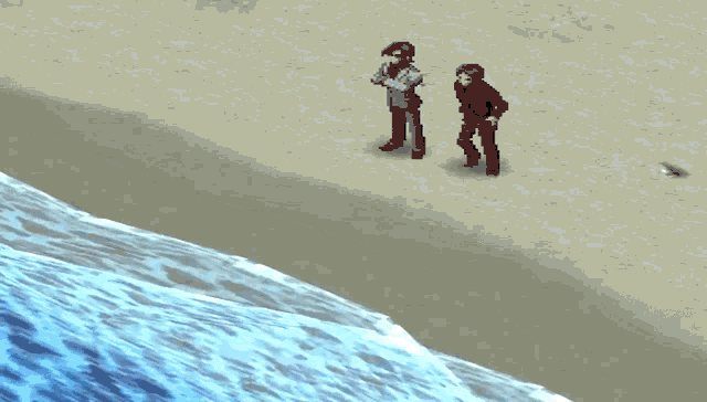 a couple of people standing on a beach near the ocean