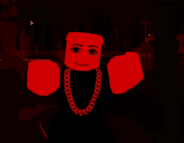 a roblox character with a red face and a red chain around his neck