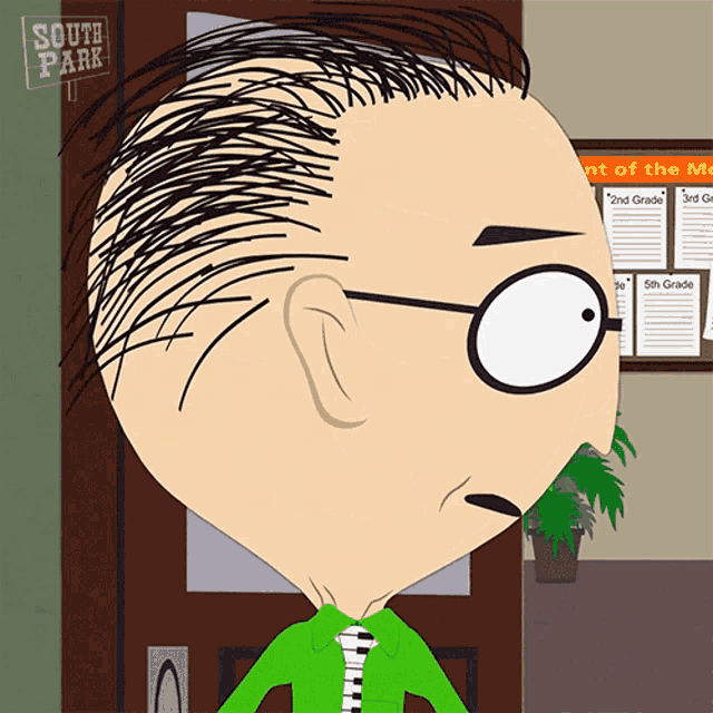 a cartoon character from south park is standing in front of a bulletin board