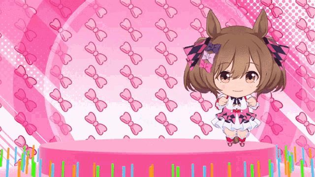 a little girl is standing on a pink podium in front of a pink bow pattern
