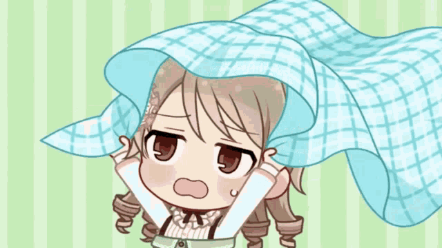 a cartoon girl is hiding under a blue and white plaid blanket