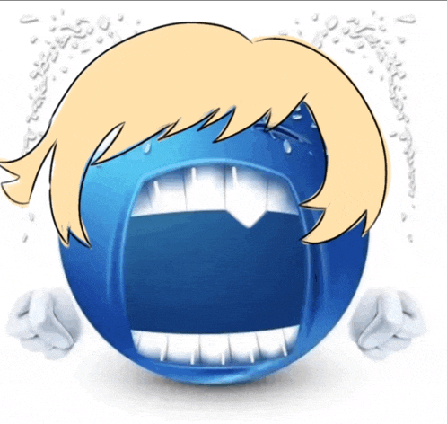 a blue smiley face with a blonde haired head