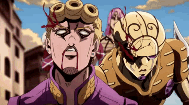 a cartoon character with blood coming out of his mouth is standing next to a cartoon character with blood on his face .