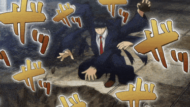 a cartoon of a man in a suit and tie with many hands reaching up