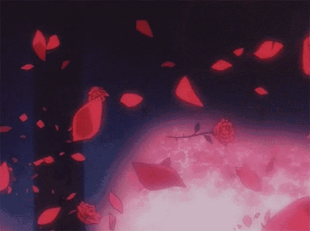 a bunch of red roses and petals are falling from the sky