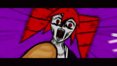 a cartoon drawing of a girl with red hair and a purple background