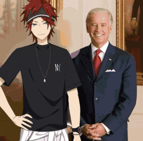 a man in a ny shirt stands next to a man in a suit and tie