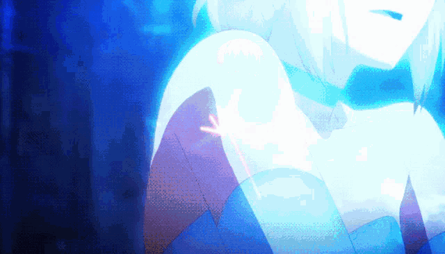 a blue background with a glowing arrow pointing to a person 's shoulder