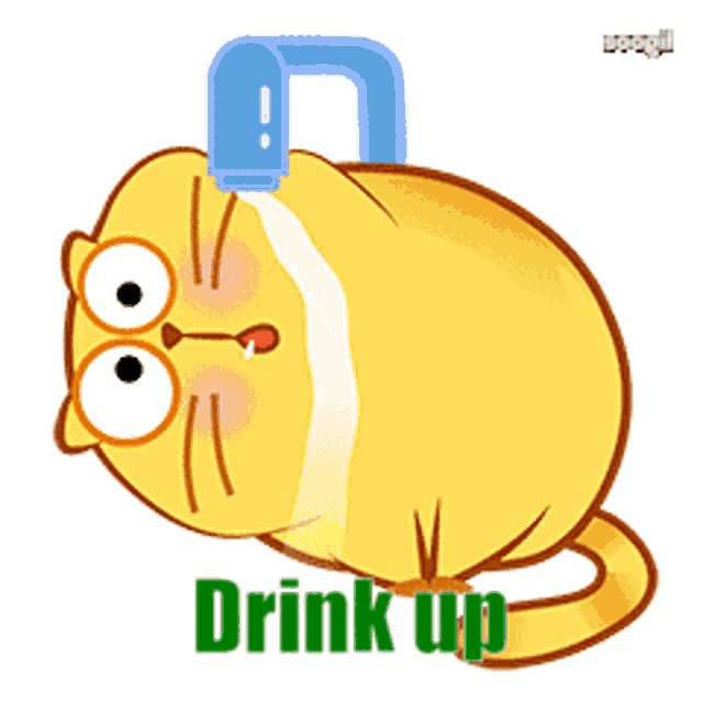 a cartoon cat is drinking water from a faucet and the words drink up are below it