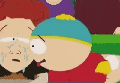 a cartoon character from south park is crying and looking at another character .