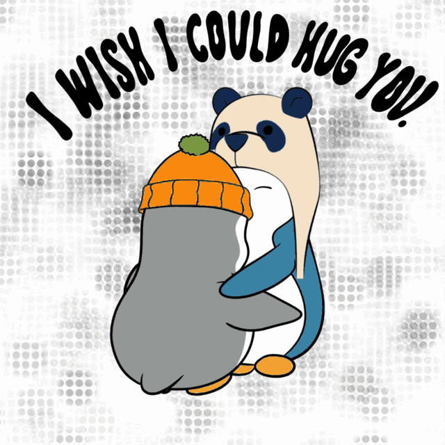 a panda bear hugging a penguin with the words " i wish i could hug you " below it