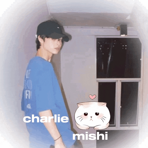 a man in a blue shirt is standing next to a cat that says charlie mishi
