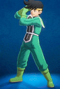 a man in a green suit is standing on a blue background .