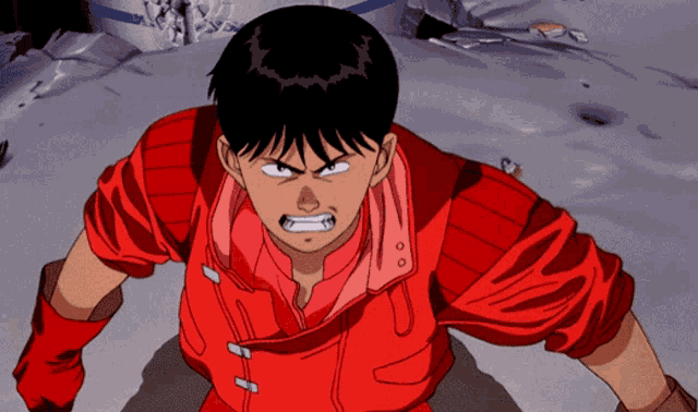 a cartoon character is wearing a red jacket with buttons on the sleeves