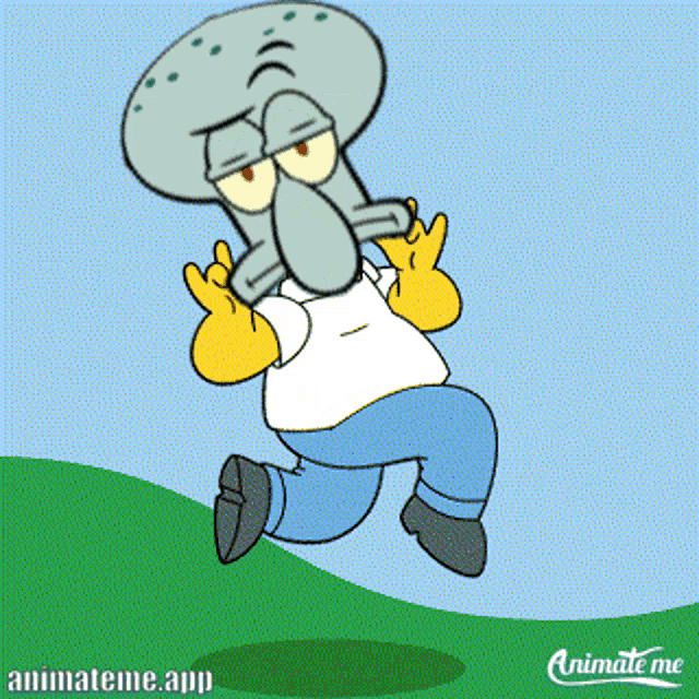 a cartoon of squidward and homer simpson jumping in the air