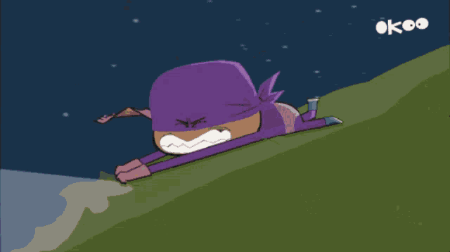 a cartoon character with a scarf around his neck and a purple mask