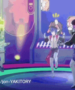 a group of anime characters are dancing on a stage with jon-yakitory written on the bottom right