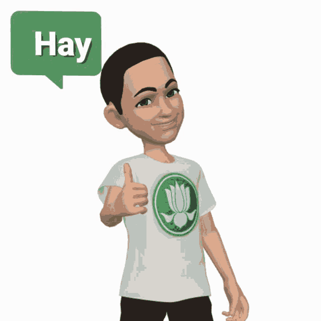 a cartoon character has a speech bubble that says hay